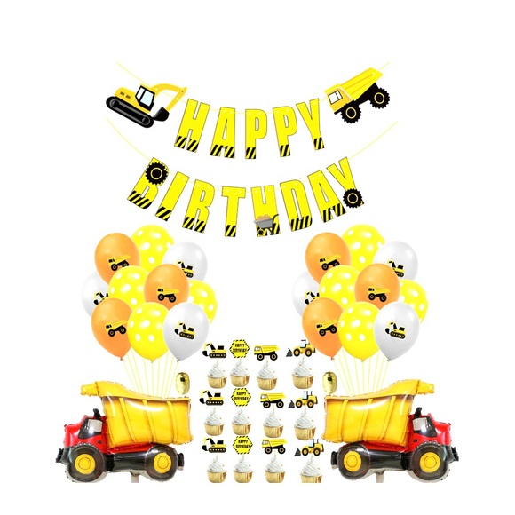 (58-tlg. Set) Happy Birthday Girlande Lastwagen Party Deko + Latex- & Folienballons / Kuchenstecker - Gelb
