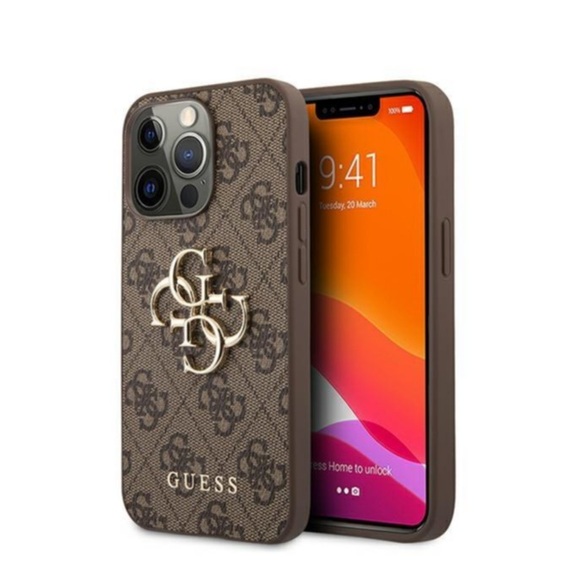Guess - iPhone 13 Pro Leder Hardcase Hülle Metall Logo (GUHCP13L4GMGBR) - Braun / Gold