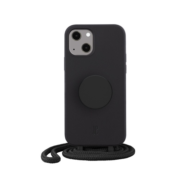 PopSockets - (by Just Elegance) iPhone 14 Plus PopGrip 3in1 Necklace Gummi Hülle + Handykette (150cm) + PopSockets (30149) - Schwarz