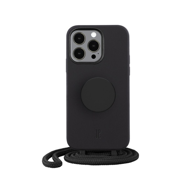 PopSockets - (by Just Elegance) iPhone 14 Pro Max PopGrip 3in1 Necklace Gummi Hülle + Handykette (150cm) + PopSockets (30153) - Schwarz