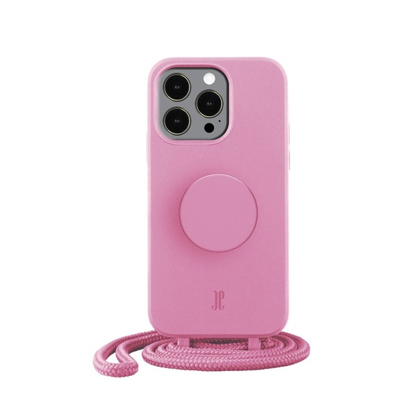PopSockets - (by Just Elegance) iPhone 14 Pro PopGrip 3in1 Necklace Gummi Hülle + Handykette (150cm) + PopSockets (30146) - Pastel Pink
