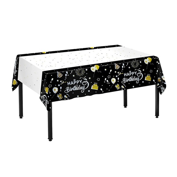 (271x137cm) Deko Tischdecke Party Dekoration Tisch Tuch Happy Birthday Design - Schwarz / Gold