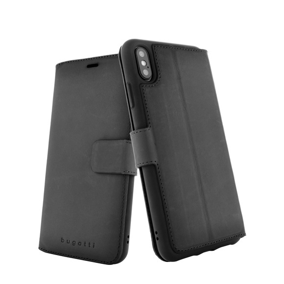 Bugatti - iPhone Xs Max Echtleder Tasche Booklet Zurigo Burnished + Kartenfächer (34226) - Schwarz