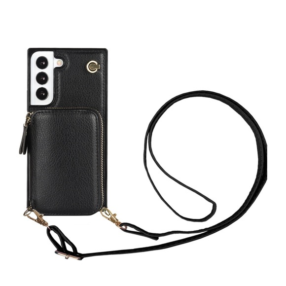 Apfelkiste © - Samsung Galaxy S21 FE 5G Necklace Leder Schutz Hülle mit Kartenfächer + Handykette (140cm) - Schwarz