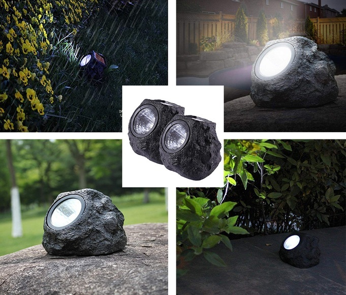(2er Set) LED Solar Outdoor Lampe Steinförmige Gartenleuchte mit Dämmerungssensor Wasserfest (IP65) - Kaltweiss