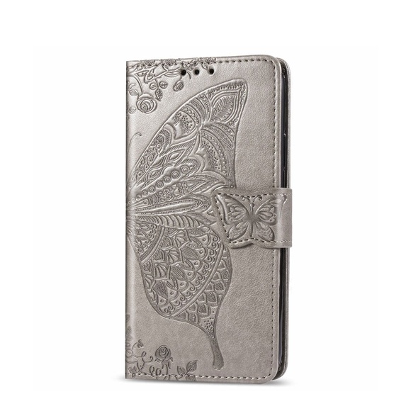 Samsung Galaxy A51 Leder Tasche Flip Cover Schmetterlinge Imprint - Grau