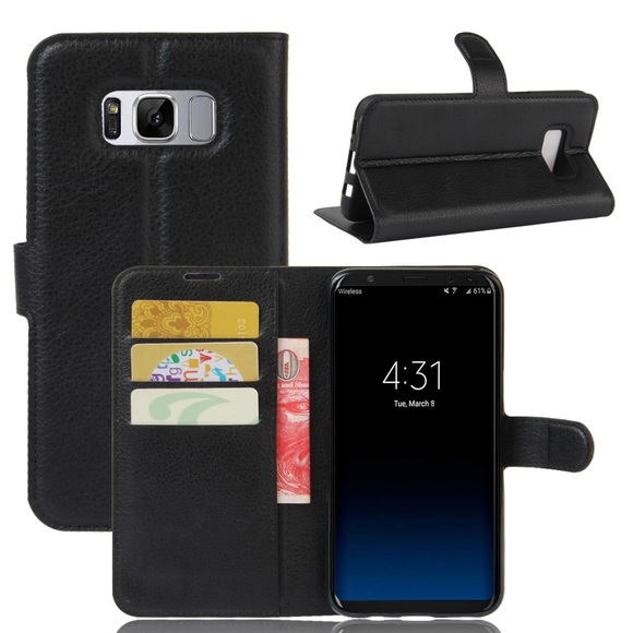 Samsung Galaxy S8+ Plus Leder Tasche Flip Cover Litchi Look - Schwarz