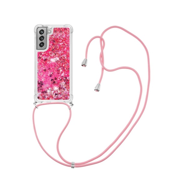 Samsung Galaxy S21 FE 5G Necklace Gummi Hülle Liquid Glitzer + Handykette (130cm) - Pink