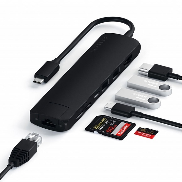 Satechi - USB C Multiport Adapter Slim Hub mit USB C (PD/60W) / 4K HDMI / 2x USB 3.0 / Gigabit Ethernet / SD & Micro SD Kartenlesegerät (ST-UCSMA3K) - Schwarz