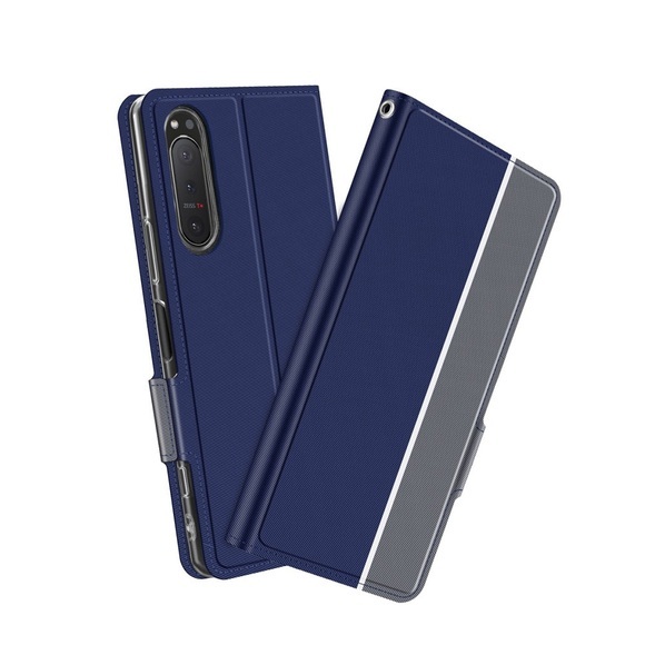 Sony Xperia 5 II Flip Cover Wallet Leder Tasche mit Kartenfächern Dual Color - Dunkelblau / Grau