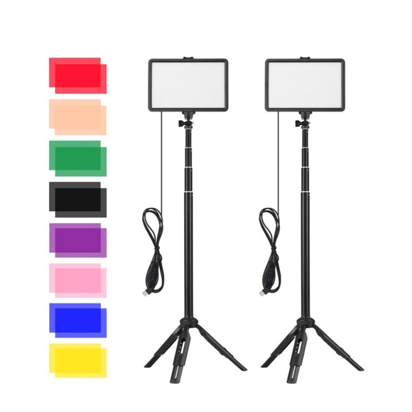 (2er Set) USB LED Video Beleuchtung Foto Selfie Licht mit 16 Farbfiltern + Stativ (3200K-5600K) - Schwarz