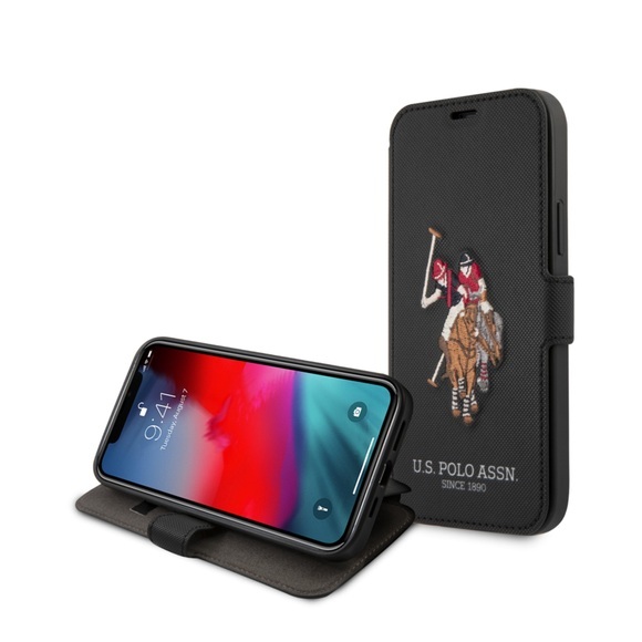 U.S. Polo Assn. - iPhone 12 / iPhone 12 Pro Leder Tasche Book Cover Embroidery Collection (USFLBKP12MPUGFLBK) - Schwarz