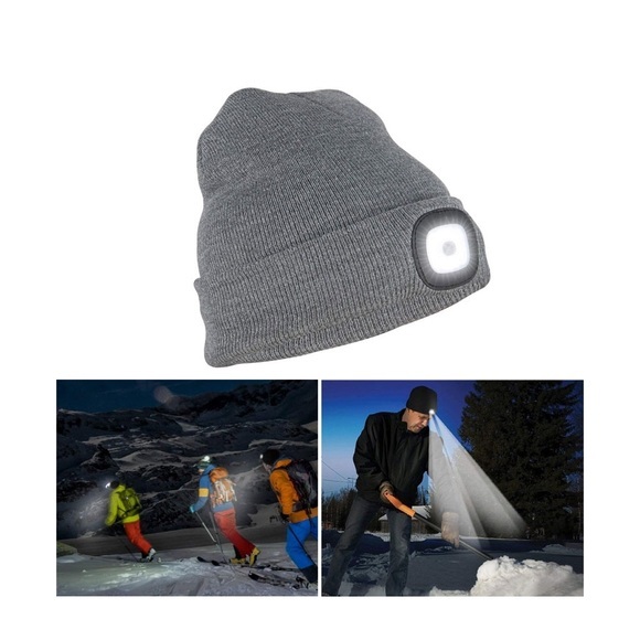 Winter Strick Mütze mit integrierte LED Stirnlampe (Wiederaufladbar) - Grau