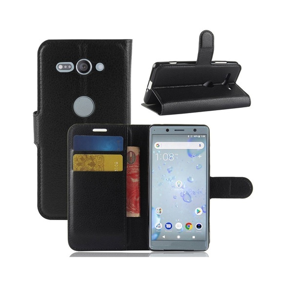 Sony Xperia XZ2 Compact Leder Tasche Flip Cover Litchi Look - Schwarz