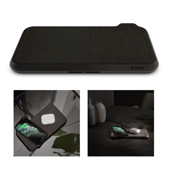 Zens - (30W) Liberty Dual Qi Wireless Fast Charge Ladegerät Base Station + USB A Anschluss Kvadrat Textil Design (ZEDC08B/00) - Schwarz