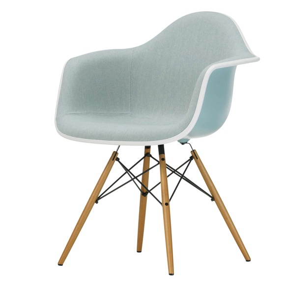 Eames Plastic Armchair RE DAW Vollpolster Stuhl, Sitzschale RE senf re, Stoff Hopsak F60 nero/elfenbein, Keder weiss, Untergestell ahorn schwarz, G...