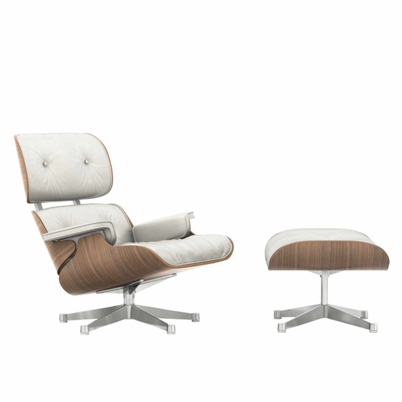 Lounge Chair & Ottoman - White Edition, Masse klassische masse, Lederbezug premium f olive 74, Untergestell poliert, Gleiter weiss für teppichböden