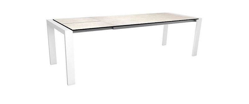 Stern Ausziehtisch 200/260x90 cm Select Alum. Weiss mit Tischplatte Silverstar Travertin