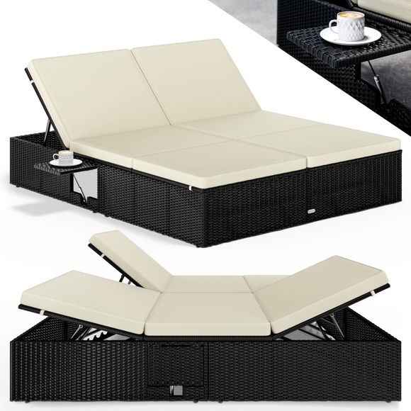 Polyrattan Sonnenliege Schwarz/Creme 200x160x33cm