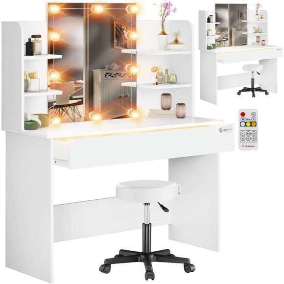 Schminktisch Lucia Weiß 140x110x40cm mit LED + Rollhocker