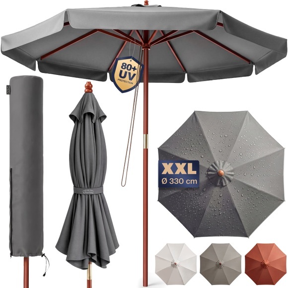 Kingsleeve Sonnenschirm Anthrazit Holz Ø330cm UV-Schutz 50+