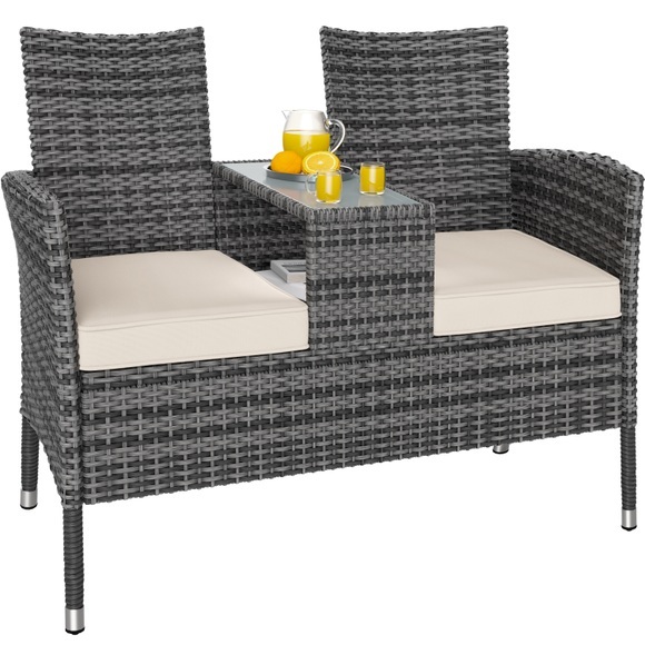 Polyrattan Kino Bank Grau/Beige 143x64x87cm