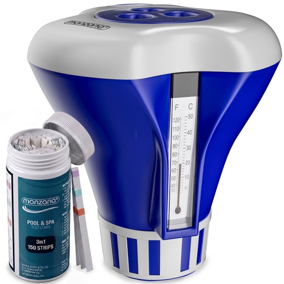 Dosierschwimmer Pool für 20-200g Tabletten inklusive 150 3in1 Teststreifen UV-Resistent Chlor Schwimmer mit Thermometer