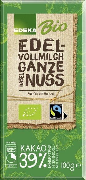 EDEKA Bio Edel-Vollmilch Schokolade ganze Haseluss 100G