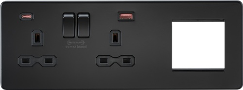 KnightsBridge Screwless 13A 2G DP Socket with USB Fastcharge + 2G Modular Combination Plate - Matt Black
