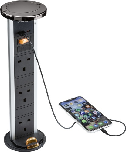 KnightsBridge IP54 3G pop-up socket with dual USB charger A+C (FASTCHARGE) - Black nickel Cap