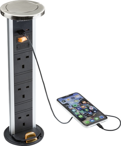 KnightsBridge IP54 3G pop-up socket with dual USB charger A+C (FASTCHARGE) - Brushed chrome Cap