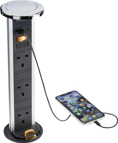 KnightsBridge IP54 3G pop-up socket with dual USB charger A+C (FASTCHARGE) - Polished chrome Cap