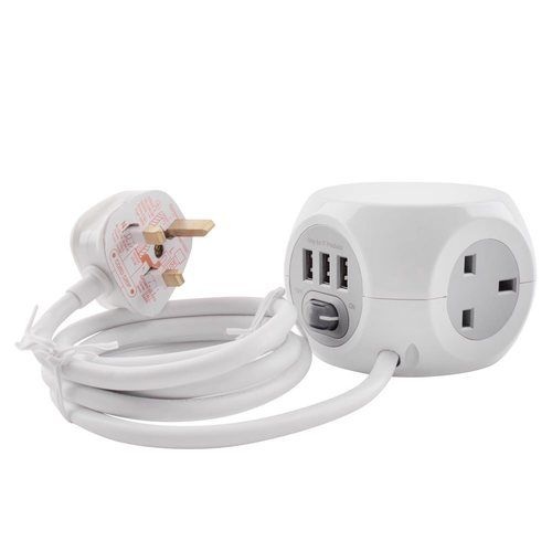 Zexum 3 Gang 1.4m Cube Socket with 3 USB Ports - White
