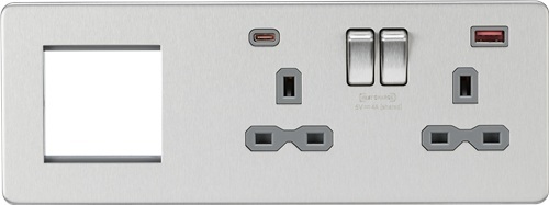 KnightsBridge Screwless 13A 2G DP Socket with USB Fastcharge + 2G Modular Combination Plate - Brushed Chrome, Grey Insert