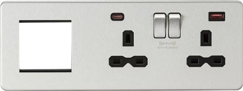 KnightsBridge Screwless 13A 2G DP Socket with USB Fastcharge + 2G Modular Combination Plate, Brushed Chrome