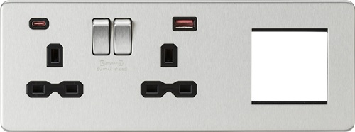 KnightsBridge Screwless 13A 2G DP Socket with USB Fastcharge + 2G Modular Plate - Brushed Chrome