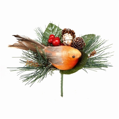 Premier Decorations 15cm Robin With Pine Cone Pick