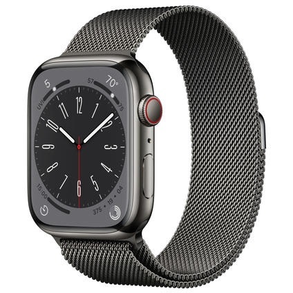 APPLE Watch Series 8 (GPS + Cellular) 45 mm - Smartwatch (Regular 140 - 220 mm, Edelstahlgeflecht, Graphite Stainless Steel/Graphite Milanese)