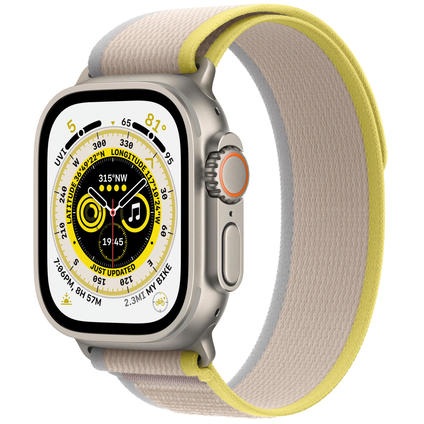 APPLE Watch Ultra (GPS + Cellular) 49 mm - Smartwatch (S/M 130 - 180 mm, Doppellagigen Nylon-Maschengewebe, Titanium/Yellow/Beige)