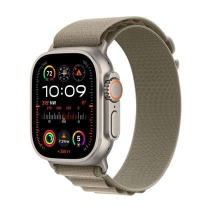 APPLE Ultra 2 (GPS + Cellular, Titan) 49 mm - Smartwatch (Small 130-160 mm, Textilgewebe (Carbon Neutral), Titan Natur/Oliv)