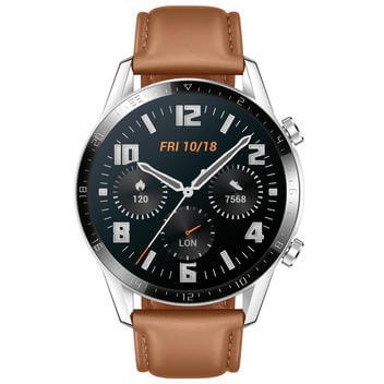 Huawei Watch GT 2 Classic - Smartwatch (Breite: 22 mm, Leder (+1 Fluorelastomer-Armband als Zugabe), Braun/Silber)