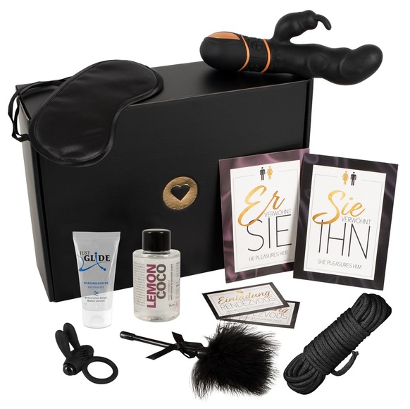 7-teiliges Paket „Rendezvous“ mit Vibro-Toys, Bondage-Accessoires, Gleitgel, Massage-Öl und mehr
