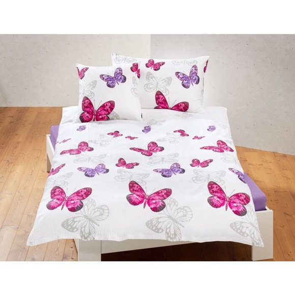 Bettwäsche mit Schmetterlingen pink-lila, weiss, 160x210 cm