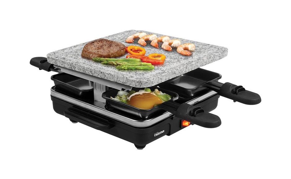 Tristar RA-2745 Raclette Antihaftbeschichtung, Kontrollleuchte, 4 Pfännchen, mit Grillstein Schwarz, Grau