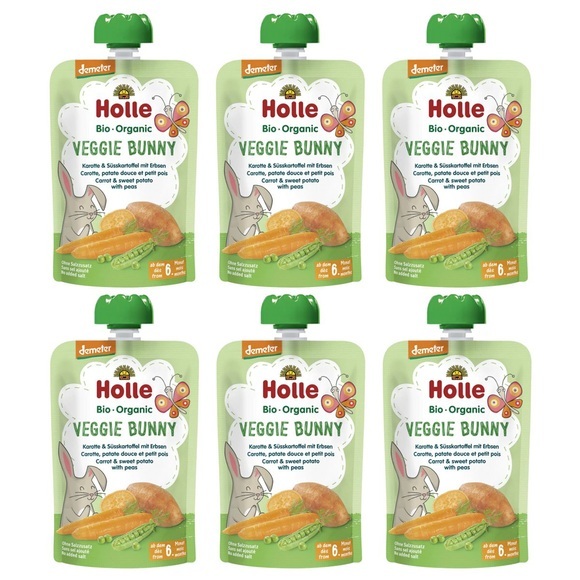 Holle Veggie Bunny Pouchy Karotte Süsskartoffel Erbsen 6x 100 g