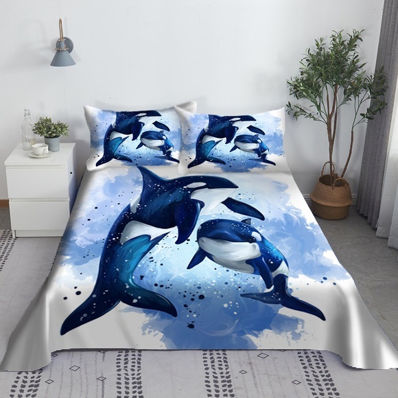 Whale Bed Sheet Set 3D Printed Cartoon Blue Sea Bed Flat Sheet With Pillow Cover For Adults Kids Bedding Queen Size Bedspread