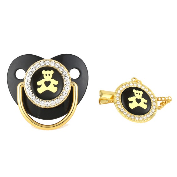 Little BearLuxury Crystals Diamond Gold Baby Pacifier Baby Dummy Orthodontic Bling Pacifier Chain Kid Nipple Soother Holder Clip