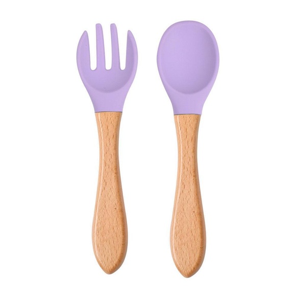 2Pcs Baby Silicone Spoon Fork Wooden Handle Cutlery Set Baby Food Feeding Spoon Candy Color Soft Silicone Cutlery
