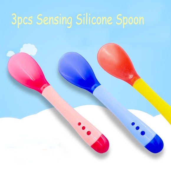 Rosiky 3pcs Baby Feeding Silicon Spoon Baby Safety Temperature Sensing Kids Flatware Feeding Spoons