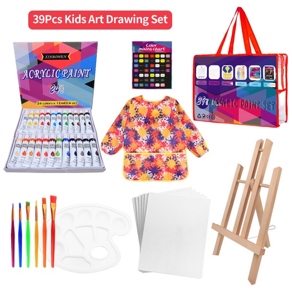39Pcs Kids Art Drawing Set 24 Vibrant Colors Acrylic Paint with 6 Brushes/Paint Palette/Easel/Painting Smock Color Mixing Chart